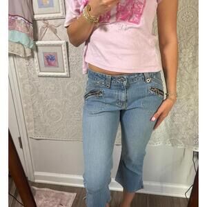 y2k low waisted light wash flare capris